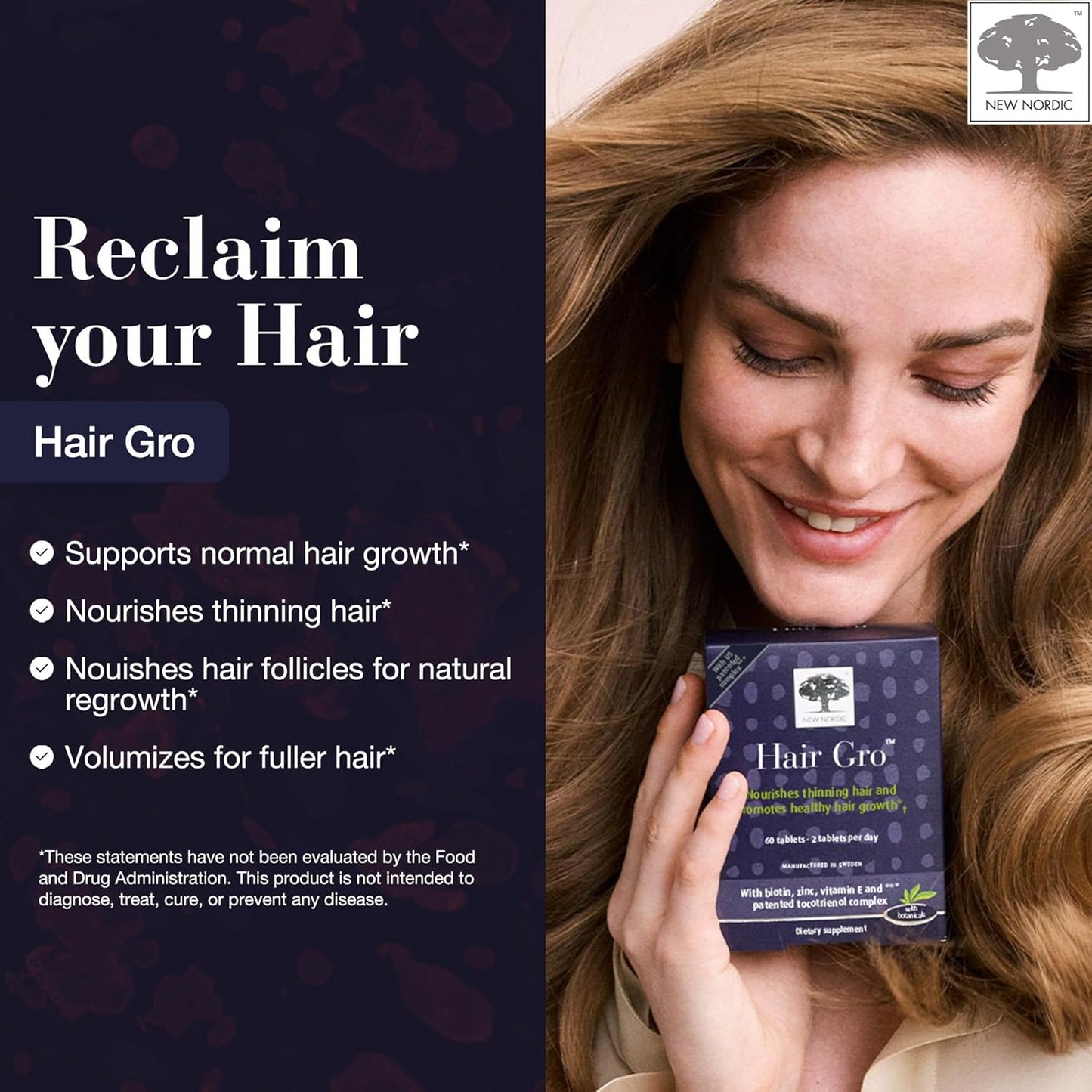 NEW NORDIC Hair GRO, Hair Growth Supplement, Biotin & Palm Fruit Extract Tocotrienols for Natural Regrowth, 60 Count (Pack of 1)