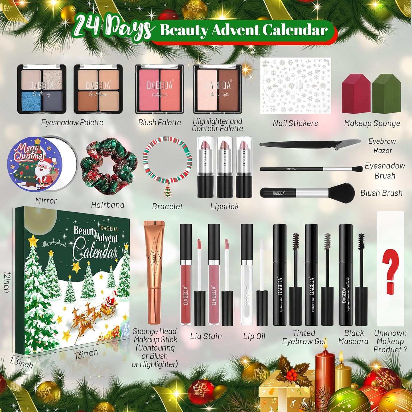 DAGEDA Beauty Advent Calendar 2025,24 Days Christmas Makeup Gifts for Her,Contains Beauty Makeup Kit, Xmas Clothes Accessories, 24 Surprise Christmas Countdown Festival Gifts Set for Women Girls
