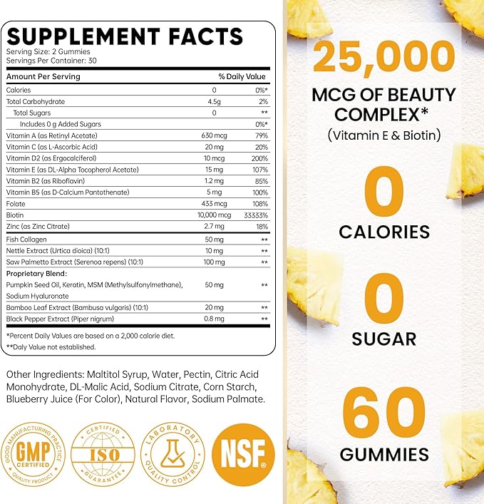 Venture Pal Biotin Gummies with Collagen & Keratin - Hair Growth Support Skin and Nail Strength Vitamins for Women & Men - Biotin 10000mcg | B-Complex | Saw Palmetto - Sugar Free, Non-GMO, 60ct