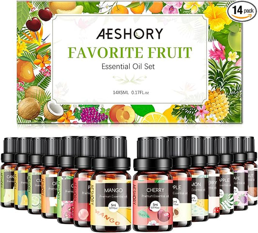 Fruity Essential Oils Set - TOP 14 Fragrance Oil for Diffusers, Candle Making Includes Strawberry, Apple, Pineapple, Cucumber Melon, Cherry, Mango, Lemon, and Orange Scented Aromatherapy Oils (5ml)