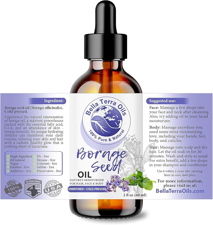 Bella Terra Oils - Organic Borage Seed Oil 2oz - Dive into a World of Omega-6 & Essential Minerals, Natural Nourishment for a Radiant Complexion