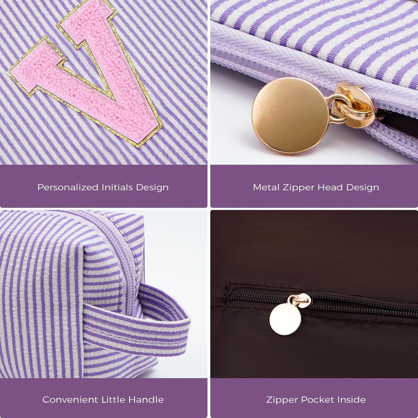 Personalized Makeup Bag for Women Girls - Fashion Cosmetic Bag Trendy Travel Toiletry Bag with Initials Letter - Teen Gifts - Lavender,V