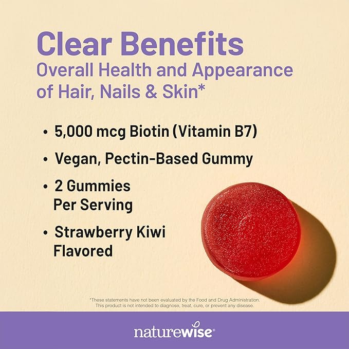 NatureWise Biotin Gummies - Supports Healthy Hair, Skin and Strong Nails - Vitamin B7 5000mcg - Natural Beauty - Strawberry-Kiwi Flavor - Vegan, Non-GMO, Gluten Free - 180 Count[90 Day Supply]