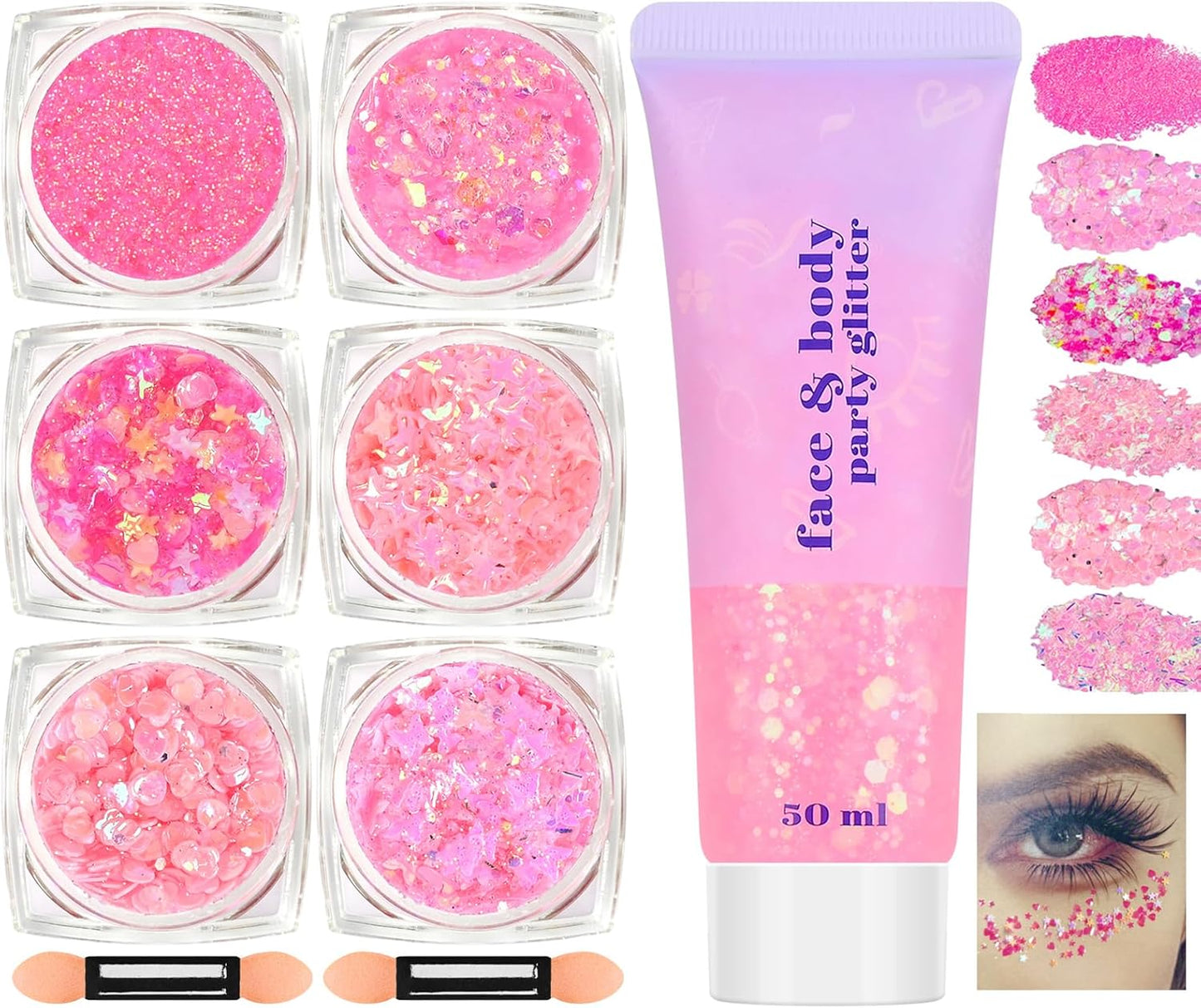 Pink Face and Body Hair Glitter Gel, Party Concerts Cheer Face Paint Holographic Chunky Festival Rave Accessories Glitter Makeup, 6 Kinds of Sparkling Sequins for Hair Nail Eye Lip Body