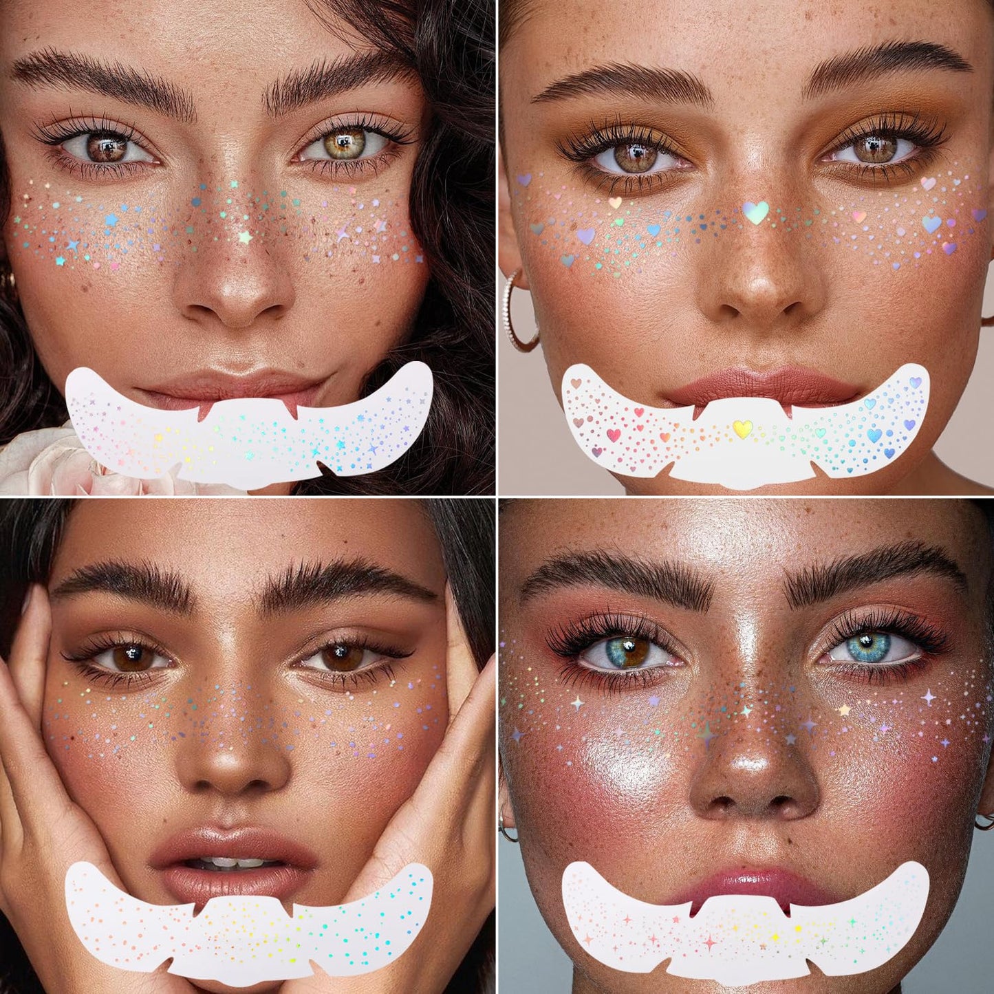 8 PCS Holographic Multicolor Glitter Freckles Face Tattoo, Makeup Patch, Faux Freckles Waterproof Temporary Tattoos Cute Glitter For Women and Kids Halloween Christmas (8PcsA Holographic Multicolor)