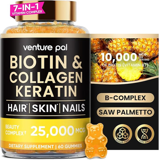 Venture Pal Biotin Gummies with Collagen & Keratin - Hair Growth Support Skin and Nail Strength Vitamins for Women & Men - Biotin 10000mcg | B-Complex | Saw Palmetto - Sugar Free, Non-GMO, 60ct