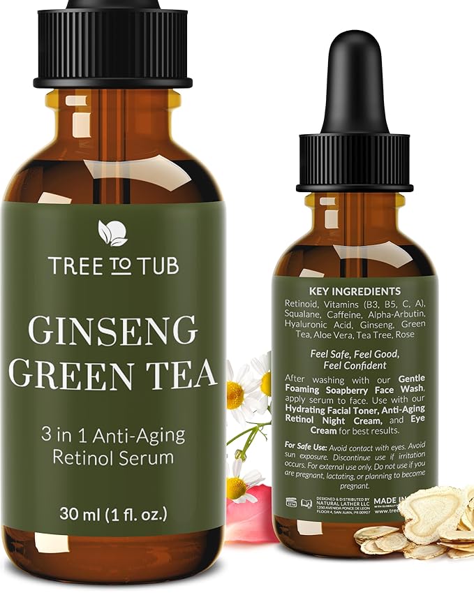 Tree To Tub Anti Aging Retinol, Vitamin C, Hyaluronic Acid Serum for Face & Wrinkles - Hydrating Facial Serum for Dry & Sensitive Skin, Night Serum for Women & Men w/Vitamin A, E, Glycolic Acid