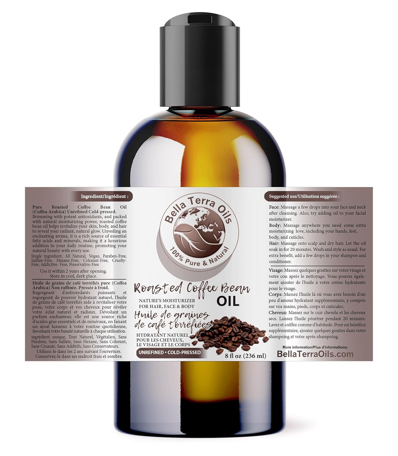 Bella Terra Oils – Roasted Bean Oil 8 oz – Pure Extract from Roasted Seeds, Enriched with Fatty Acids, An Elixir for Skin