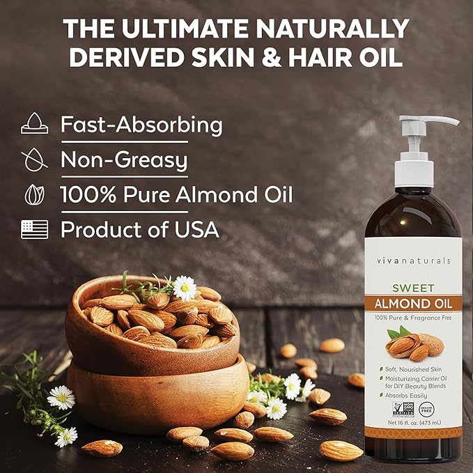Sweet Almond Oil for Skin - Body Oil, Hair Moisturizer and Relaxing Massage and Oil, Carrier Oil for Essential Oils Mixing, Non-Greasy Pure Sweet Almond Oil for Hair and Skin, 16 fl oz