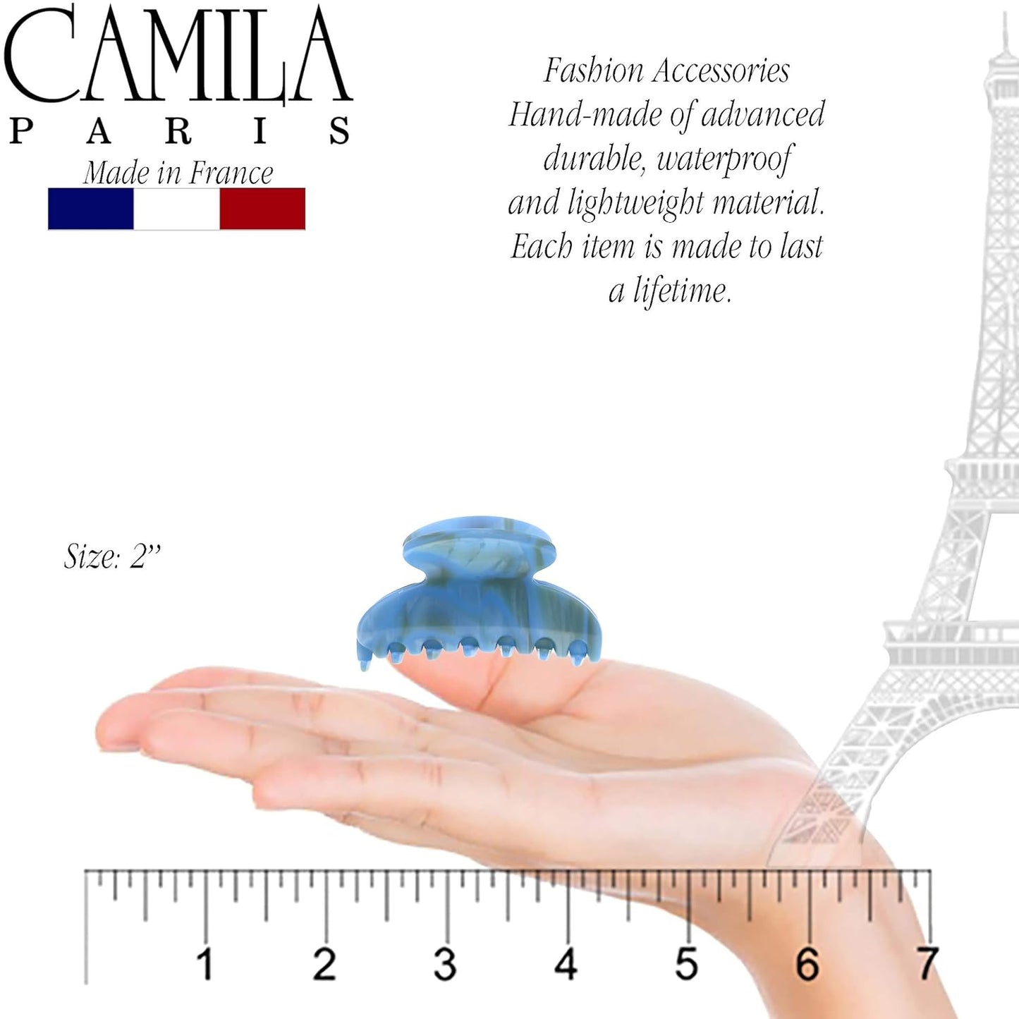 Camila Paris CP3063 French Hair Clip for Women, Handmade, Blue, Small, Girls Hair Claw Clips Jaw, Durable Styling Hair Accessories for Women, Strong Hold No Slip Grip, Made in France