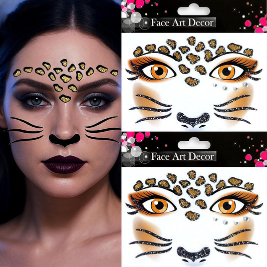 Halloween Face Tattoo Stickers Leopard Cheetah Spider Animal Face Gems Stickers Decals Makeup Accessories