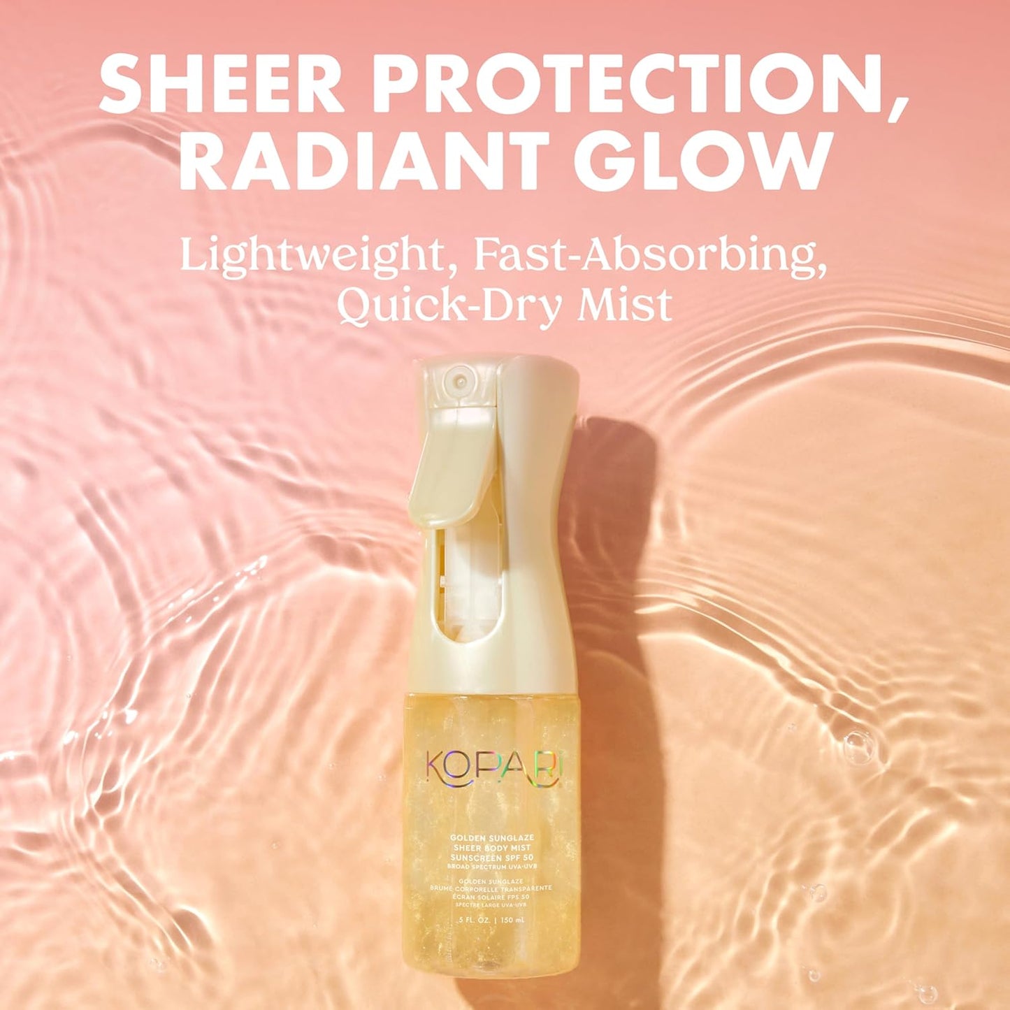 Kopari Golden Sunglaze Sheer Body Mist Sunscreen SPF 50, Infused with Shimmering Body Oil, Hydrating Mist, Hydrates, Brightens, Gives Skin a Glowy Finish, Lightweight, Fast-Absorbing.