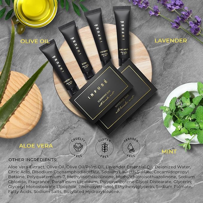 Infuse Black Amenity & Accessory Kit | 1 oz Travel Size Shampoo, Conditioner, Lotion, Body Wash, Body Bar, 2 Cleansing Bar, Shave & Dental Sets, Make-Up Remover Wipes, & Vanity Kit | 1 set per case