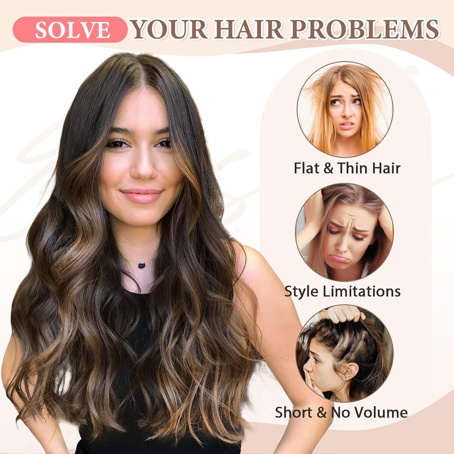 Clip in Hair Extensions for Women Black with Caramel Highlights Long Wavy Hair Extensions Clip Ins 6PCS 20 Inch Synthetic Soft and Natural Thick Hair Pieces for Women