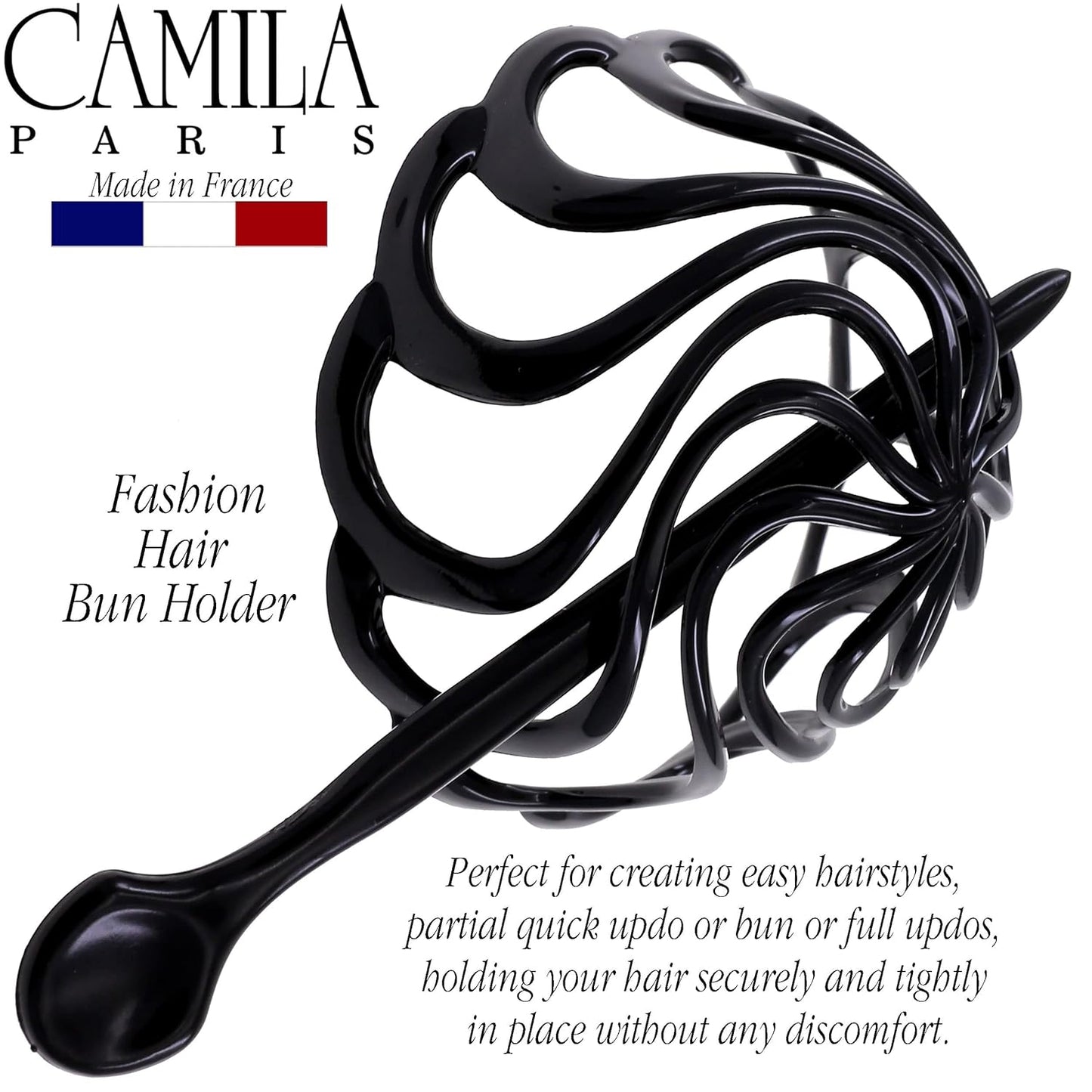 Camila Paris CP2867 French Hair Bun Clip Maker Cover Cap Holder, Black, Round Dome Bun Hair Clip for Women Hair Updo, Styling Hair Bun Accessories for Women, No Slip and Durable, Made in France