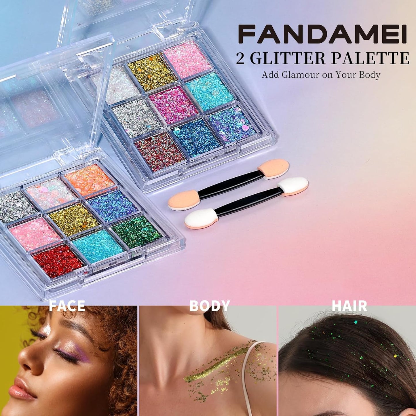 FANDAMEI Face Glitter, 2 PCS Face Glitter Gel 18 Grids, Body Hair Glitter for Kids Women for Makeup, Halloween Rave Concert Face Paint Glitter