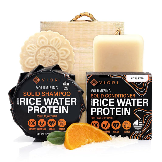 Viori Citrus Yao Shampoo and Conditioner Bar Set and Bamboo Holder - Made with Rice Water for Hair Growth - Handcrafted Sulfate Free Shampoo and Conditioner