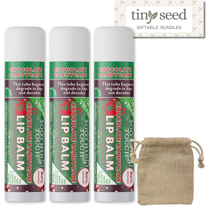 Vegan Lip Balm Set - Pack of 3 Chocolate Candy Cane Lip Balms from Soothing Touch. Large 0.25 oz size. Includes Bonus Muslin Pouch (3 x 4 in). Unique Gift Bundle from Tiny Seed
