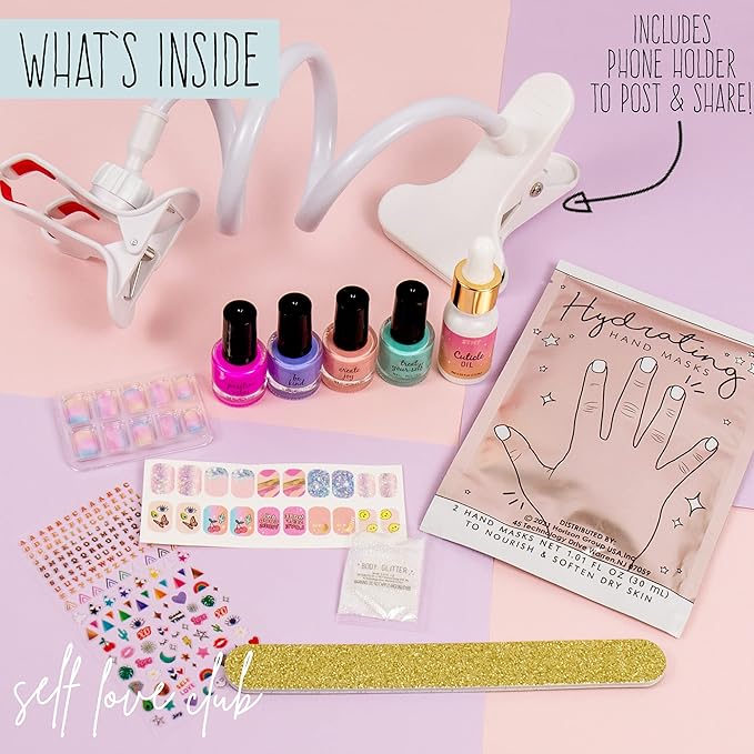 STMT Self-Love Club D.I.Y. Nail Art Studio by Horizon Group USA, 10+ Essentials for at-Home Manicure Including Nail Polishes, Soothing Hand Mask, Cuticle Oil, Phone Holder, Nail Stickers & More