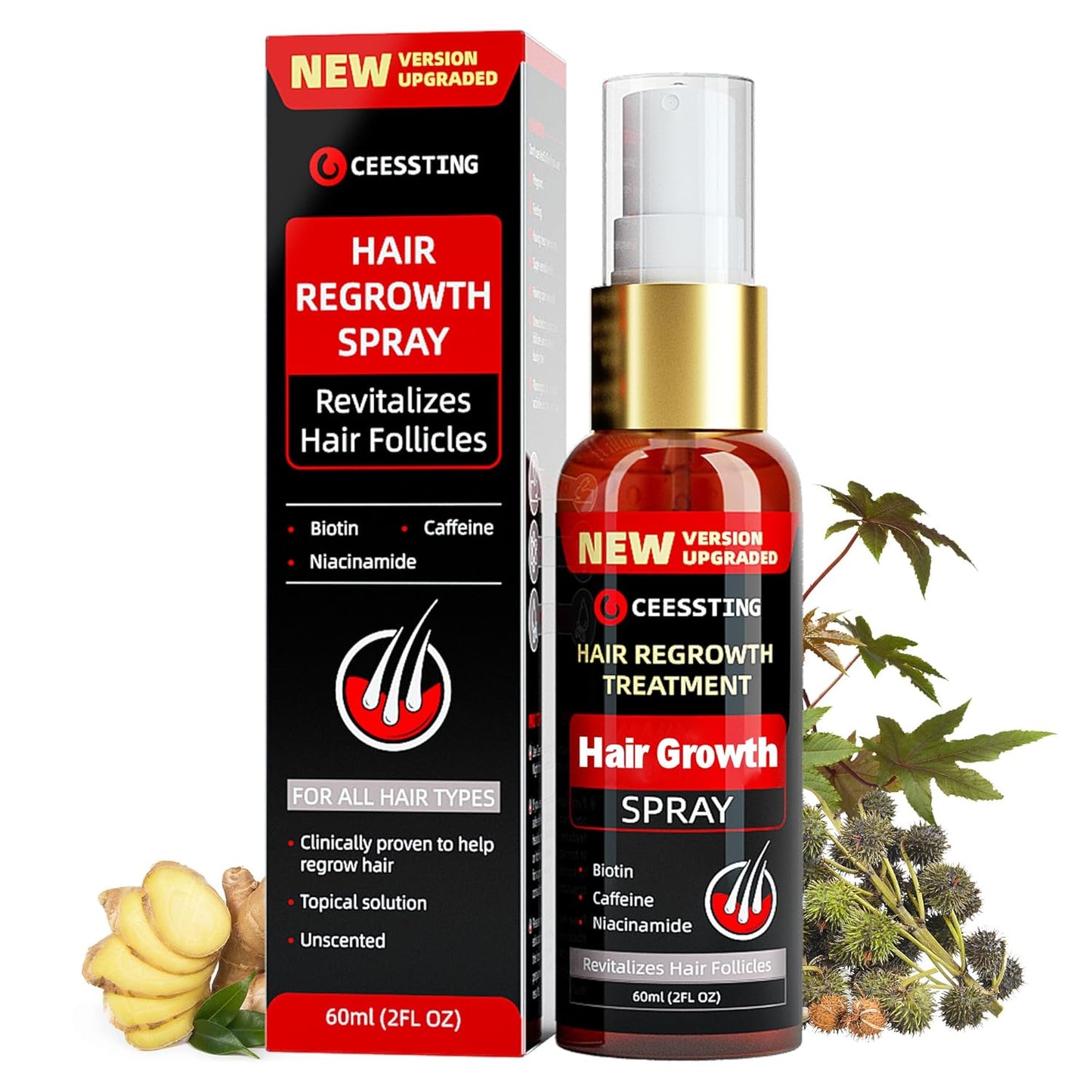 Hair Growth Spray by Ceessting- Biotin, Caffeine and Niacinamide - Anti-Hair Loss for Thinning Hair -Hair Regrowth Treatment for Men and Women- 2 Ounces