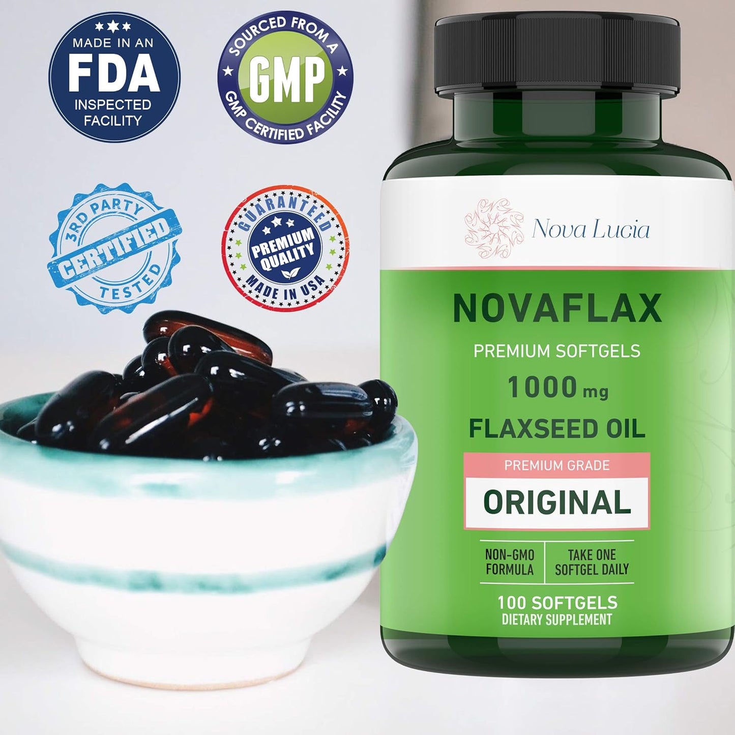 Nova Lucia Organic Flaxseed Oil Capsules 1000mg – Omega 3 6 9 Softgels for Hair, Skin & Nails – Non-GMO, Gluten-Free, Hexane-Free, Easy to Swallow – 100 Liquid Softgels