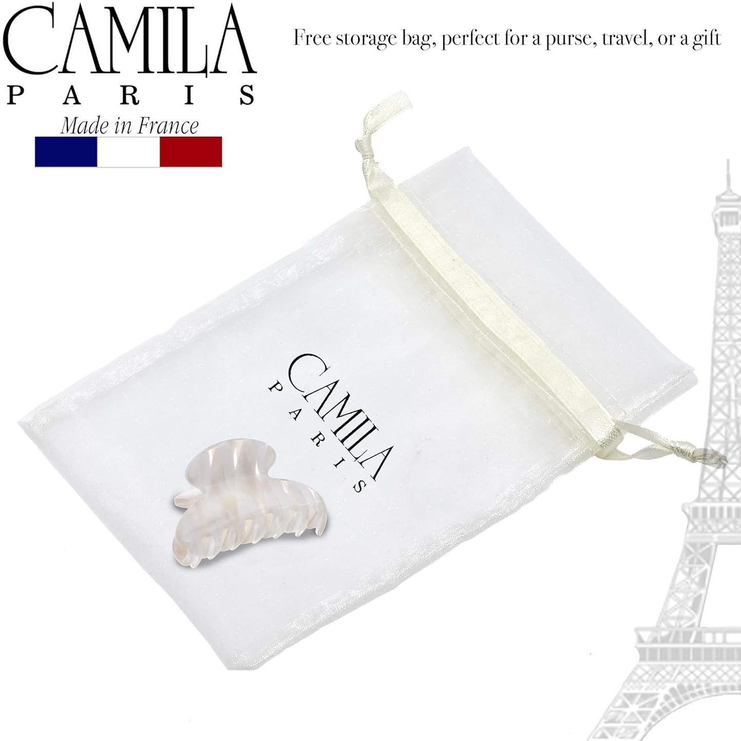 Camila Paris CP3065 French Hair Clip for Women, Handmade, White, Small, Girls Hair Claw Clips Jaw, Durable Styling Hair Accessories for Women, Strong Hold No Slip Grip, Made in France