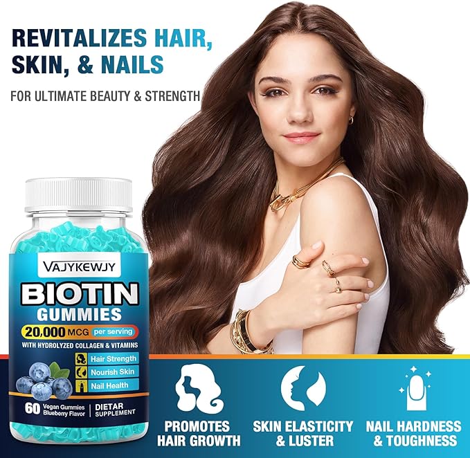 Vegan Biotin Gummies for Hair, Skin & Nails - 20,000 mcg per Serving, Suitable for Women & Men - 60 Gummies