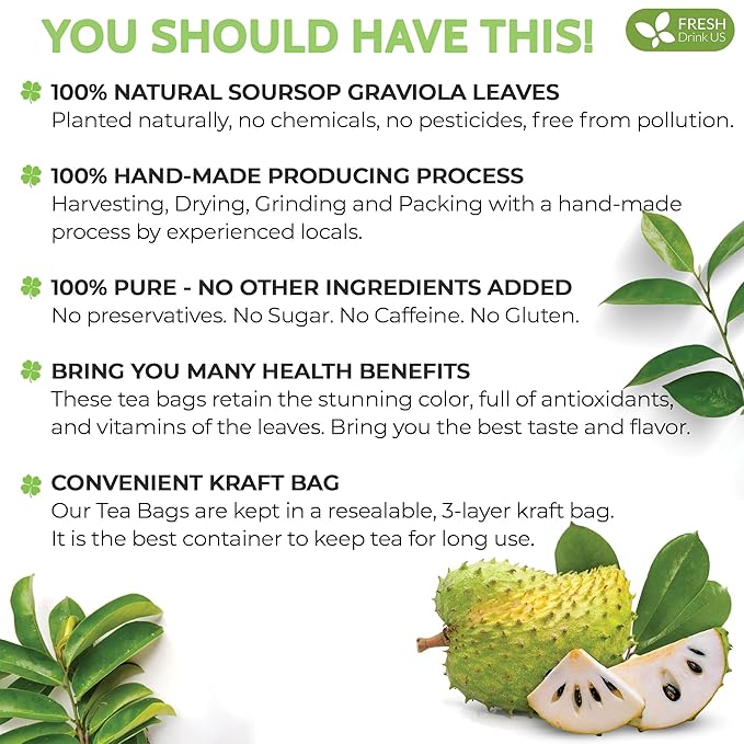 FreshDrinkUS, 105 Premium Soursop Graviola Leaf Tea Bags, The Finest Soursop Tea, 100% Natural and Pure, Handmade, Made With Natural Materials-Corn Fiber Tea Bag, Sugar/ Caffeine/ Gluten Free, Hoja Guanabana Tea