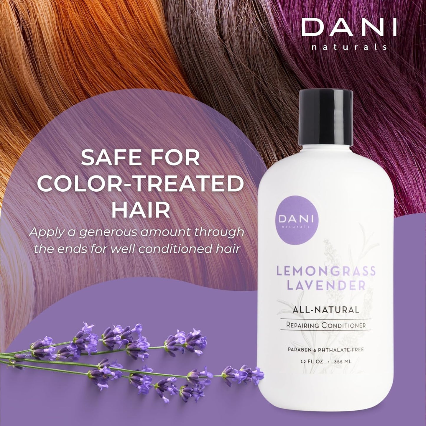 DANI Naturals Conditioner – Lemongrass Lavender, Hydrating & Repairing, Soothes Scalp Redness & Dryness, Reduces Dandruff, Color-Safe & Vegan, 12 oz