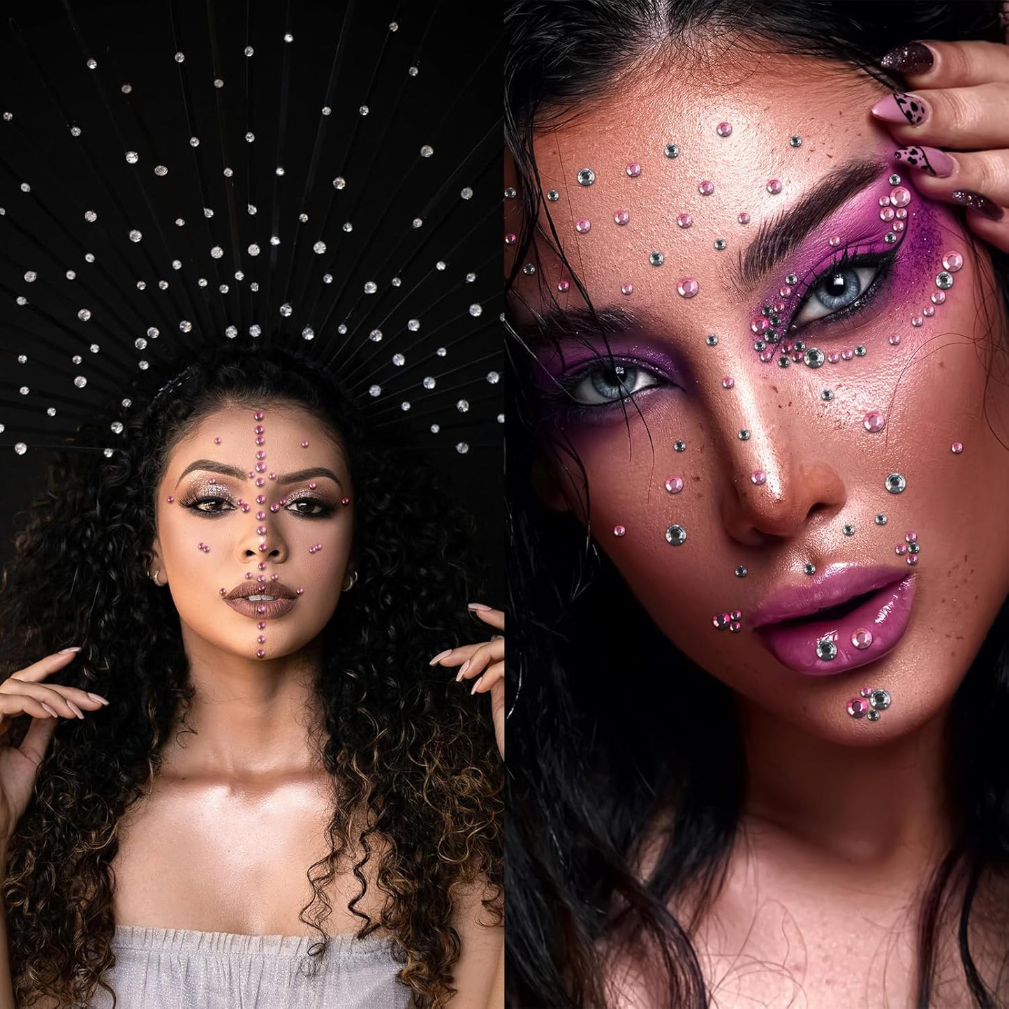 Self Adhesive Face Gems and Pearls for Makeup, Festival Jewels, Hair Gems, Rhinestone Stickers for Face, Eye, Makeup, Nail, Body, Crafts 3/4/5/6 mm 975Pcs (07.gem_White+Pink)