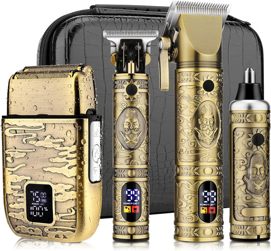 Professional Hair Clippers for Men,Hair Clippers+T-Blade Trimmer+Electric Shaver+Nose Hair Trimmer Set,4 in 1 Cordless Barber Hair Cutting Kit LCD Display Gifts (Gold)