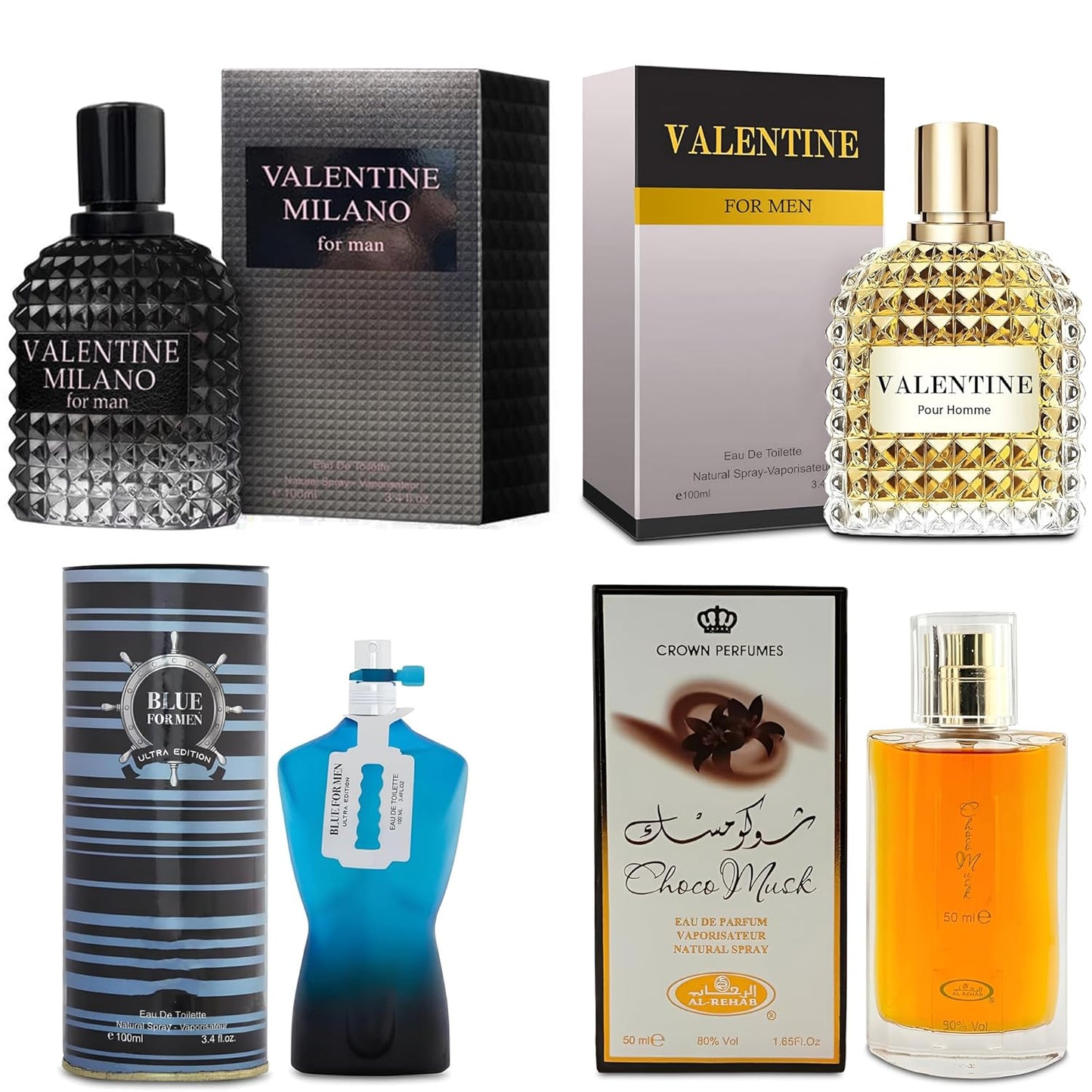 Men's Cologne Gift Set Include Valentine Milano,Valentine,Choco Musk & Blue for Men Ultra - 3.4 Fl Oz Each | Vanilla Bourbon, Leather & Amber Floral Fragrance | Luxury Eau de Toilette Quartet