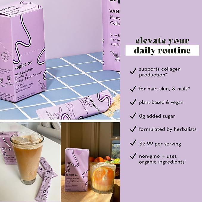 Vanilla Beauty Vegan Collagen Booster Creamer: Plant Based Collagen Support Smoothie Drink Vegan Blend Variety Pack | Vanilla Flavor | 10 Individual Stick Packs per Carton