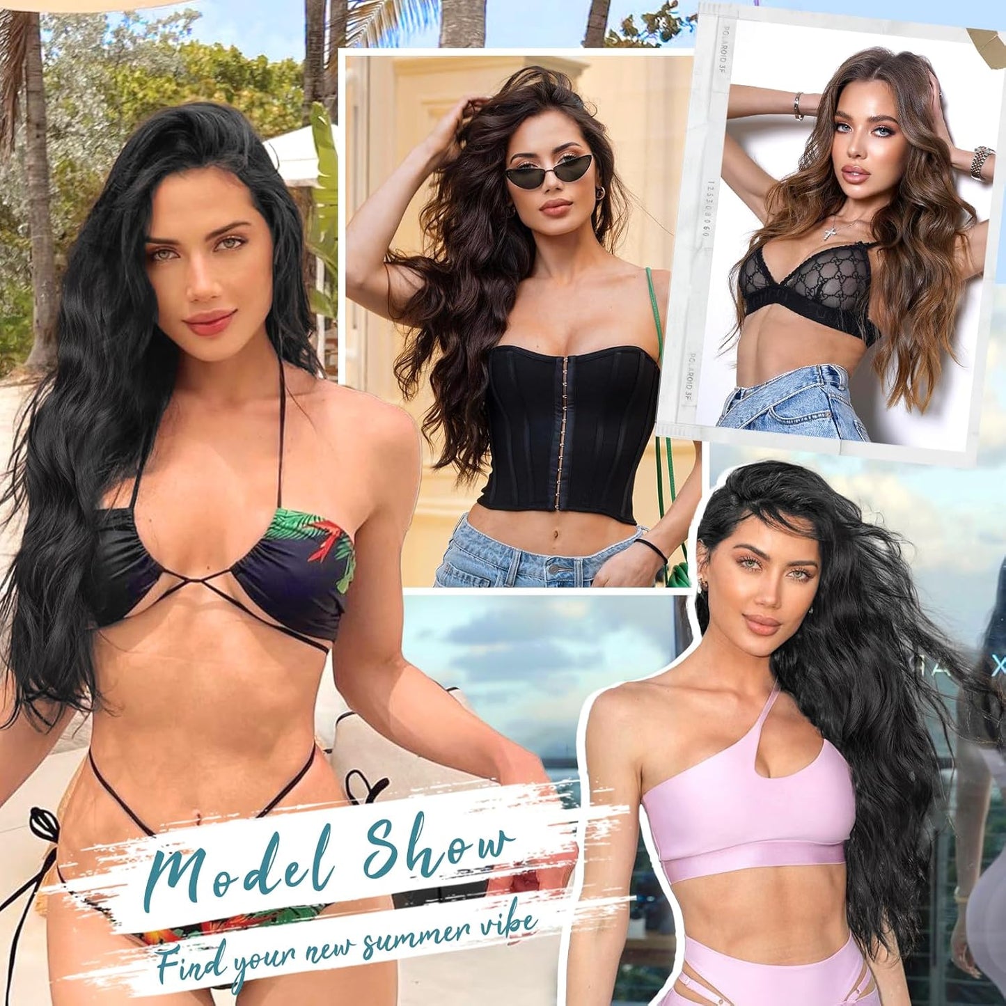 KooKaStyle Clip in Synthetic Hair Extensions Long Wavy 4PCS Thick Hairpieces Black Fiber Double Weft Natural Hair Extensions 16 Inch for Women