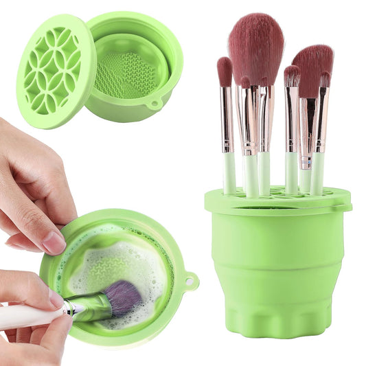 Makeup Brush Cleaner - Foldable Silicone Makeup Brush Cleaner Mat with Brush Storage Holder Makeup Brush Cleaning Bowl Cosmetic Brush Washing Tool for Cleaning Organizer and Drying (Green)