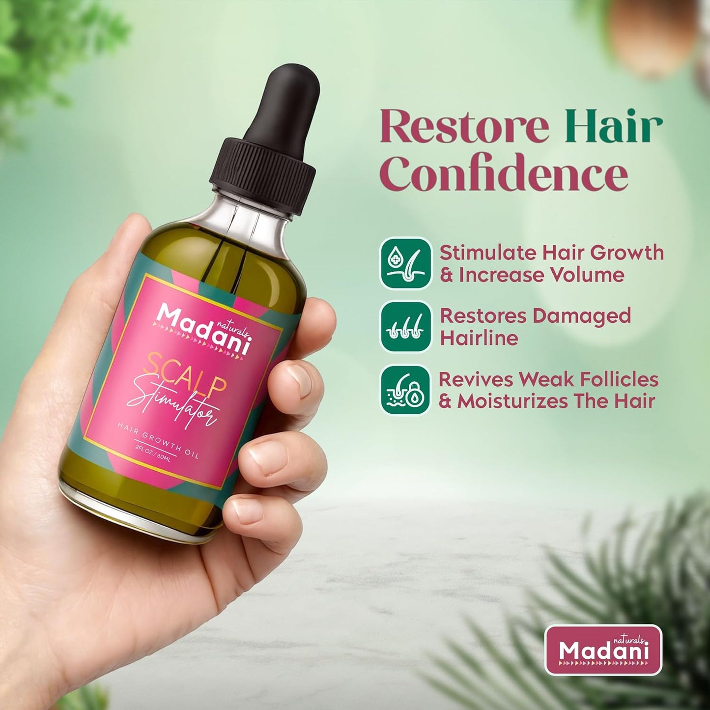 Madani Naturals Scalp Stimulator Hair Growth Oil With Rosemary Oil & Mint - Hair Loss Treatment for Split End and Dry Scalp for All Hair Types, Strengthen Hair and Stop Hair Loss, 2-Fluid Ounces