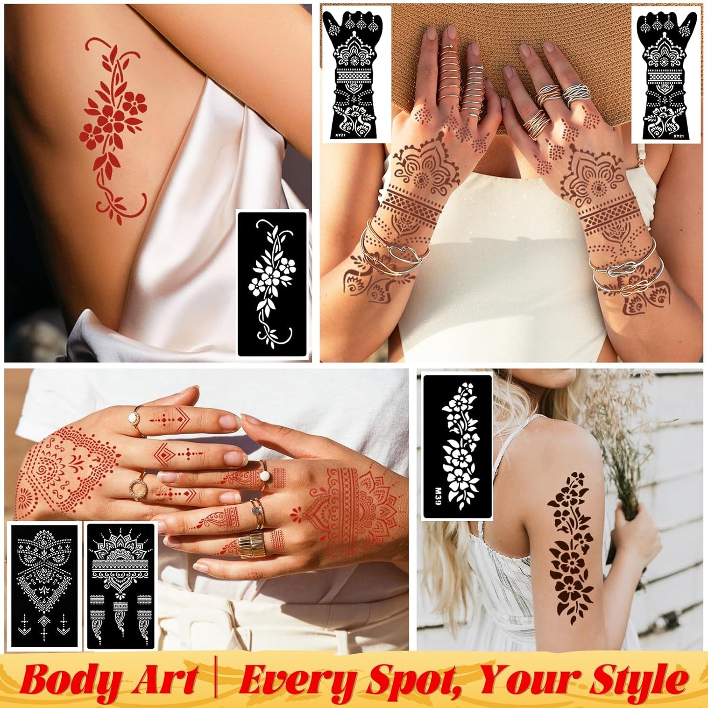 Temporary Tattoo Stencil Kit 10 Sheets (7 Large Hand & Half Arm), 6 Pcs 3 Color Cones (Black/Brown/Cherry Red),Temporary Tattoos for Adults Kids Men Women,DIY Body Art with Stencils