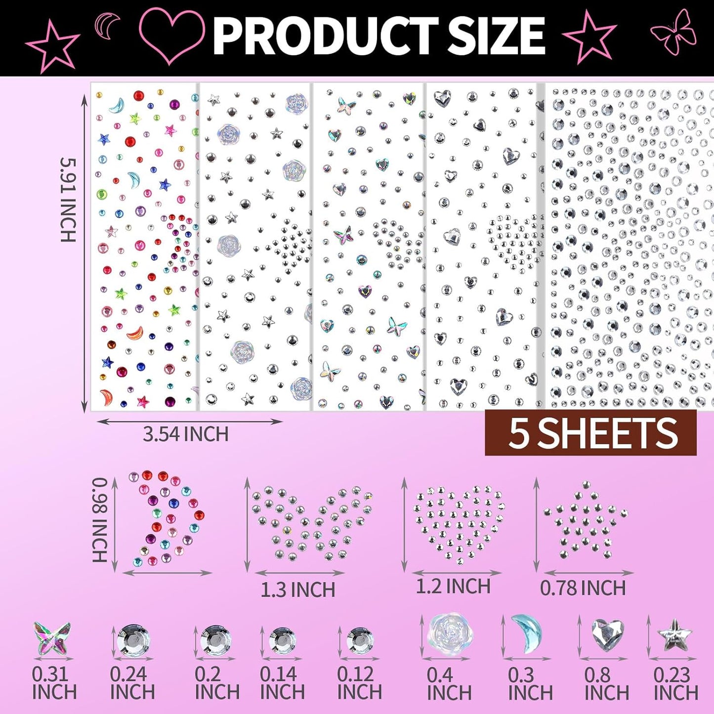 YGDZ Face Gems, Self Adhesive Face Jewels, Hair Gems, Festival Essentials Rhinestone Stickers, Rave Accessories, Face Stickers for Kids, Women