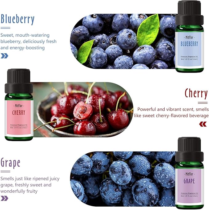 Fragrance Oil, MitFlor Premium Fruit Essential Oils Set, Fruity Scents for Soap & Candle Making, Summer Diffuser Oils, Refreshing & Long-Lasting, Peach, Cherry, Watermelon, Blueberry, Grape, Melon