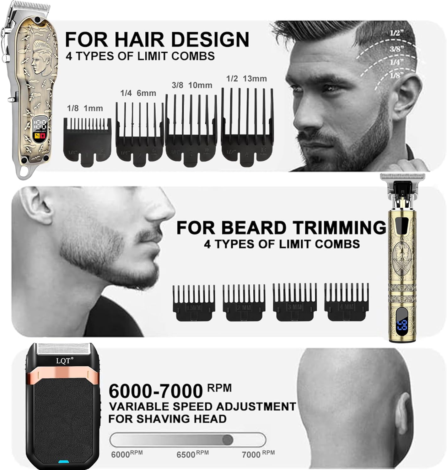 Professional Hair Clippers Set for Men, Cordless Rechargeable Barber Trimmers for Hair Cutting, Electric Shavers, LED Display, Grooming Kit for Head, Face, Body, Gifts for Men Husband & Father