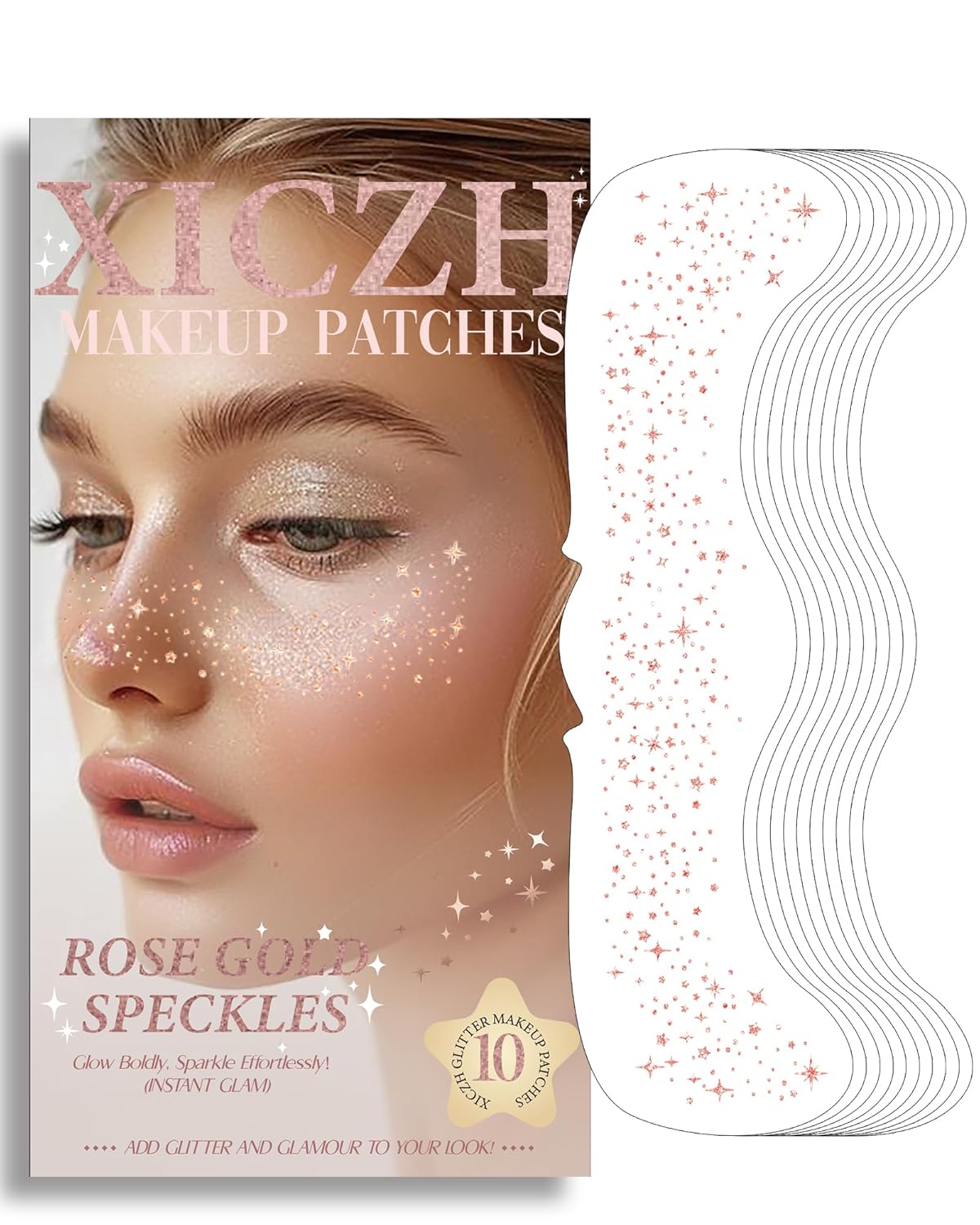 Face Glitter, Rose Gold Temporary Face Tattoos, Face Makeup Patches for Women Girls, Country Concerts Singer Festival Rave Accessories (Rose Gold - 10 pcs)