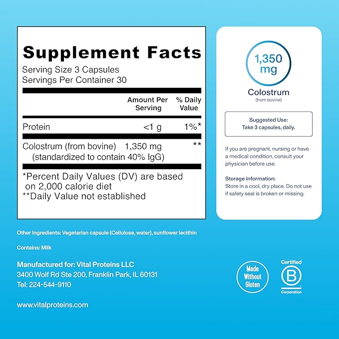 Vital Proteins Collagen Peptides Powder Travel Packs (20ct per Box) and Bovine Colostrum Supplement 90 Capsules