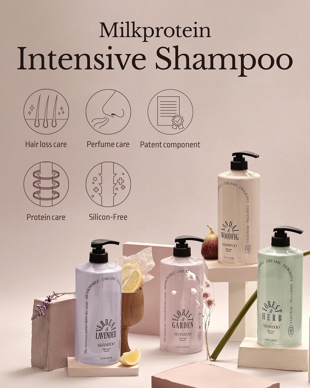 Milk Protein Intensive Korean Shampoo - Volumizing and Hair Loss Relief Perfume Shampoo for Damaged Hair - Cozy Wood & Fig Scent - pH5.5 Scalp Purifying, 16.9 fl.oz.