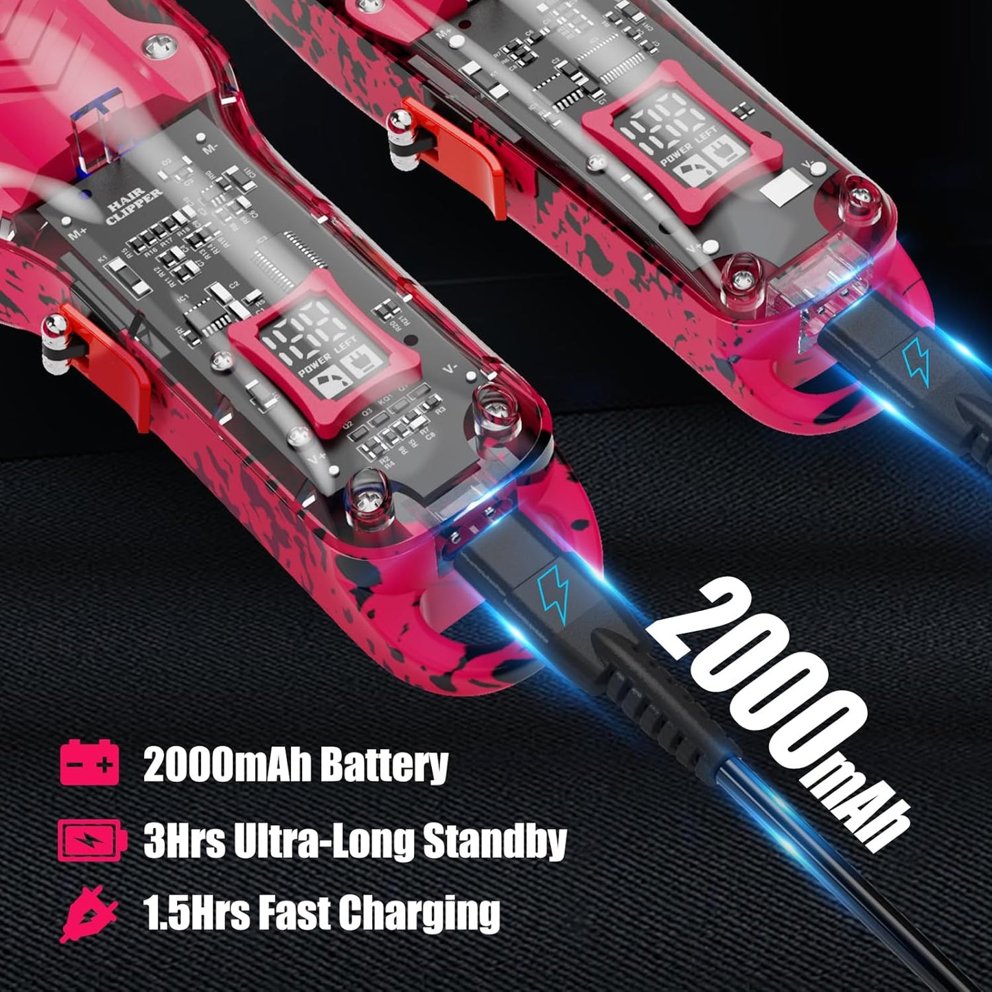 Professional Hair Clippers for Men, Cordless Barber kit for Hair Cutting & Grooming, Pink Hair Clippers and Trimmer Set for Barber Haircut with LED Display, 8 Fade Taper Combs