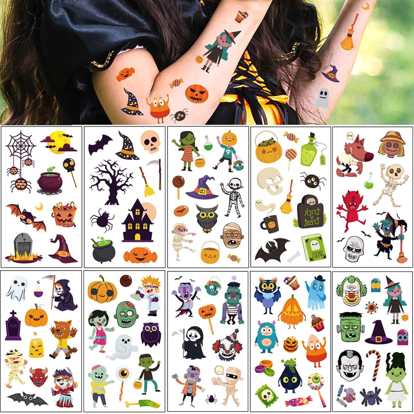 Halloween Temporary Tattoos for Kids, 120 PCS Halloween Prizes Assorted Goodies Party Favor Gifts for Boys Girls Bag Stuffers, Cartoon Pumpkin Witch Fake Tattoo Stickers Decorations Face Makeup Adults