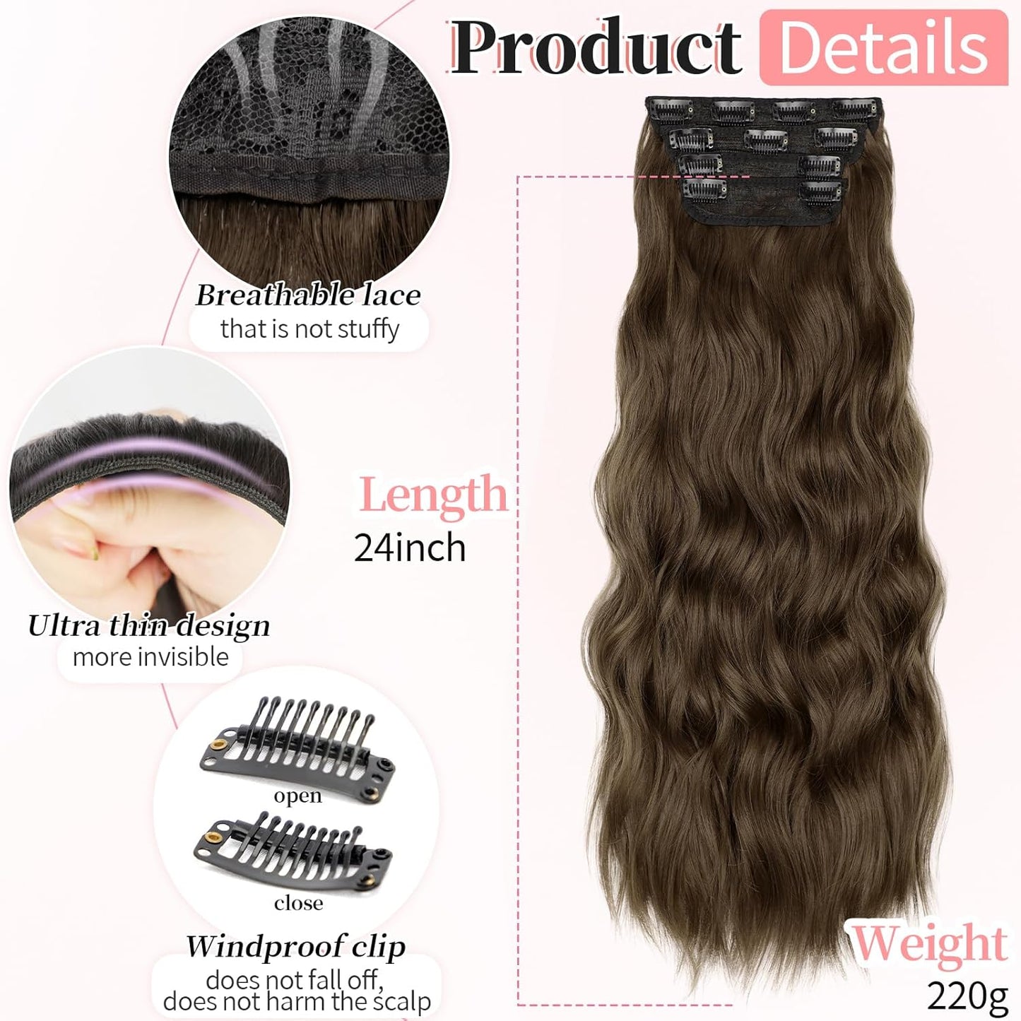 KooKaStyle Clip in Synthetic Hair Extensions Long Wavy 4PCS Thick Hairpieces Chestnut Brown Fiber Double Weft Natural Hair Extensions 24 Inch for Women