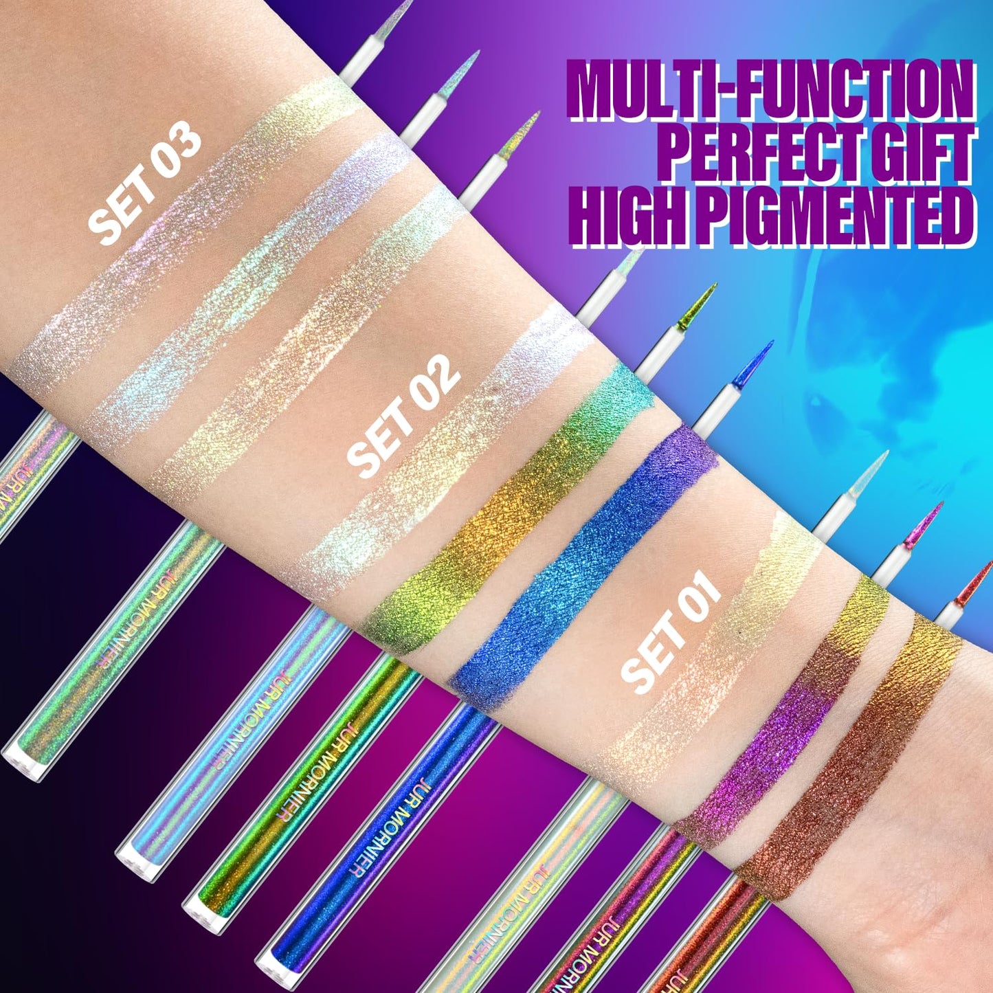 Multichrome Liquid Eyeshadow Set,3 Colors Multi-Dimensional Eye Liner Makeup,High Pigment Waterproof Metallic Eye Shadow,Ultre Fine Tip Glitter Eyeshadow (107+108+109)