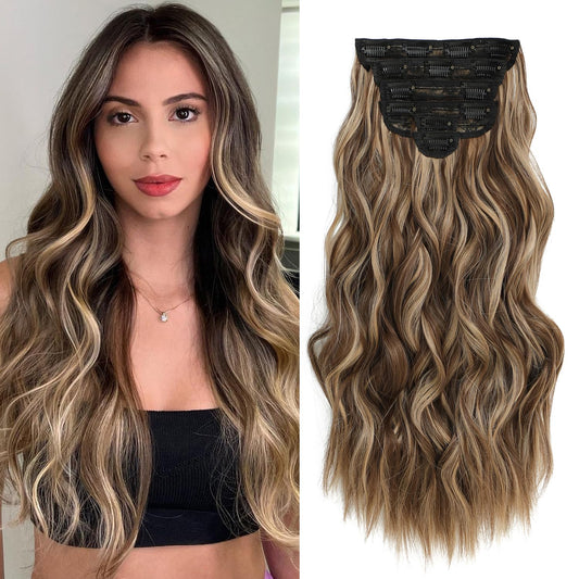 Clip in Long Wavy Synthetic Hair Extensions 20 Inch Light Brown with Blonde Highlights 6PCS Thick Hairpieces Fiber Double Weft Hair for Women