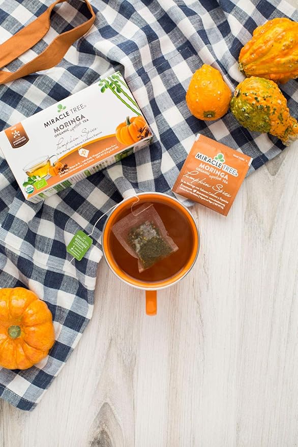 Miracle Tree - Organic Moringa Superfood Tea, 25 Individually Sealed Tea Bags, Pumpkin Spice (Keto/Paleo, Immune Support, Energy & Immunity Booster, Vegan, Gluten-Free, Certified Organic, Non-GMO, Antioxidant, Caffeine-Free)