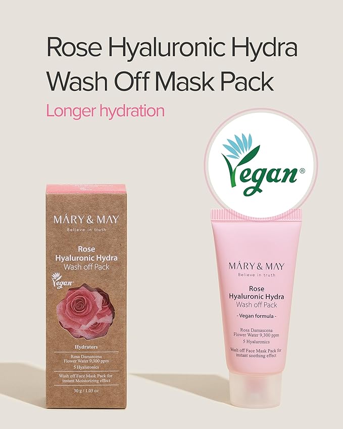 Mary&May Vegan Rose Hyaluronic Hydra Wash Off Mask - Rose Petal and Damask Rose Water Cream Mask for Moisturizing, Exfoliation, and Blackhead Removal - Korean Skincare, 1.01oz.